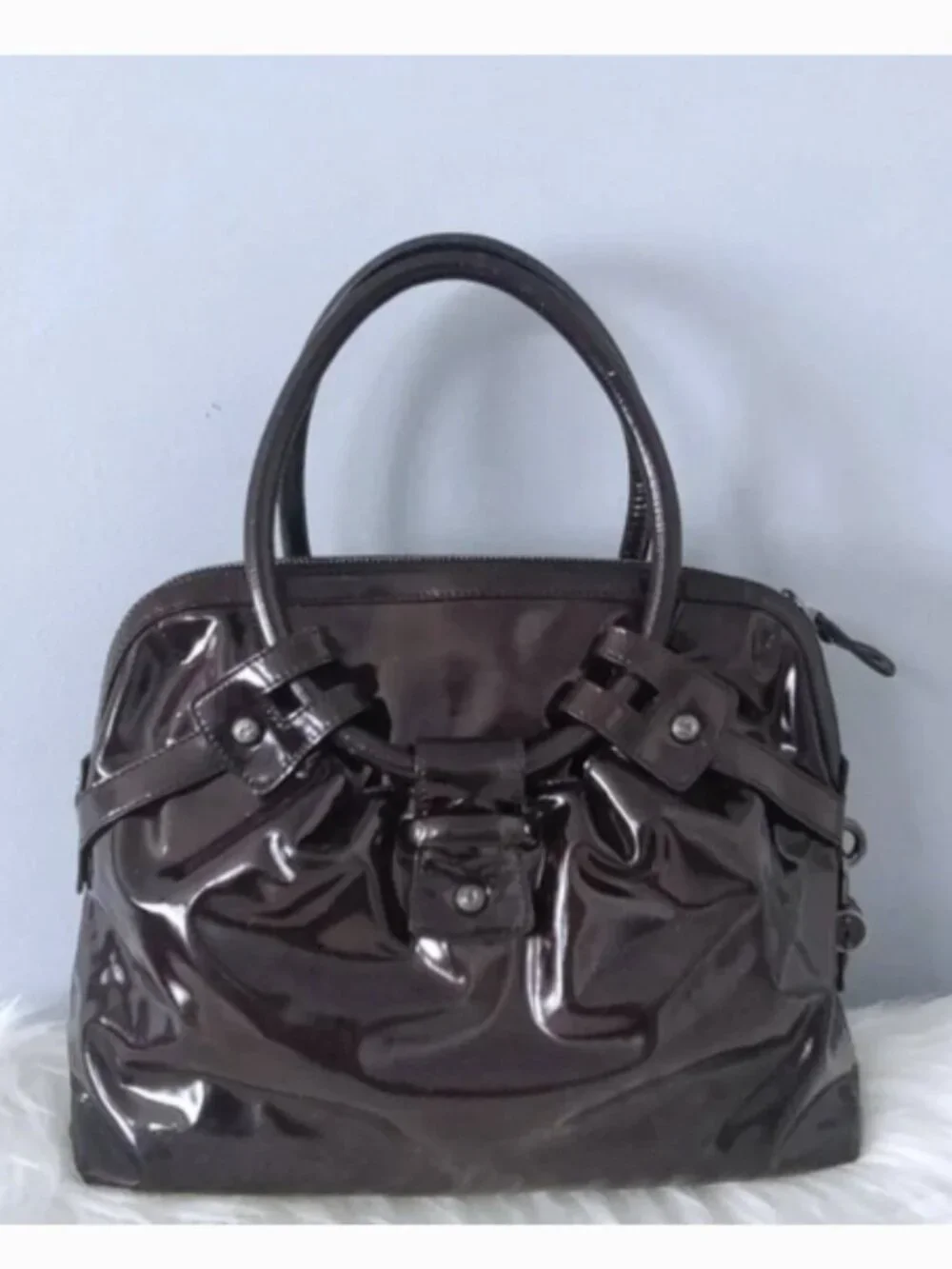 Salvatore Ferragamo vintage patent leather barrel lock satchel 90s Y2K EUC
